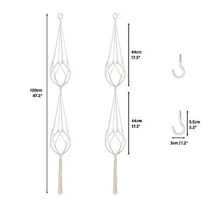 SNAIL GARDEN 2 Tier Macrame Plant Hanger, 2Pack Double Plant Hangers with Tassel Indoor Outdoor Hanging Planter Basket Handmade Cotton Rope Hanging Planters Set with 2Pcs Hooks for Boho Home Decor