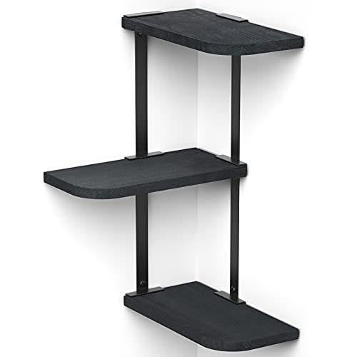 Love-KANKEI Corner Wall Shelf 3 Tier,Solid Wood with Bracket,17" Tall,Black | Floating Wall Shelves,Easy to Install,Capacity 26 Lbs,For Bedroom Living Room Bathroom Kitchen Office Display,Wall Decor - color: Black
