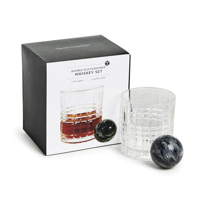 Two's Company Double Old Fashion Whisky Set, Includes Stone Ball in Gift Box, 10 Oz Glass, 2-inch Diameter Stone Ball