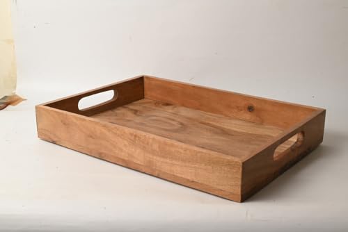 Premium Acacia Wooden Serving Tray with Handles Decorative Serving Trays Platter for Breakfast in Bed, Lunch, Dinner, Appetizers, Patio, Ottoman, Coffee Table | 14’’ x 10’’ x 2’’