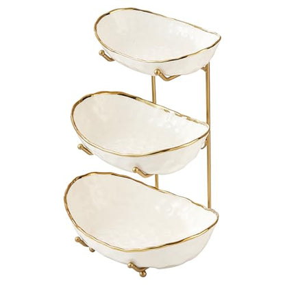 White Fruit Bowl with Gold Metal Stand, 3 Tier Modern Ceramic Fruit Bowl Fruit Rack for Kitchen Counter, Tiered Fruit Basket for Snacks Bread Candy Storage (White,3 Tier) - color: White A,3 Tier