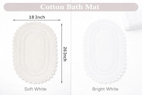 Royal Blaze Crochet Bath Rug 100% Cotton Reversible, 2Pcs 18”x26” White Oval Bath Mat, Washable Plush Bathroom Rug, Tufted Loop Design with Quick-Dry Technology, Machine Washable - color: Soft White, size: 18"x26" + 18"x26" Oval