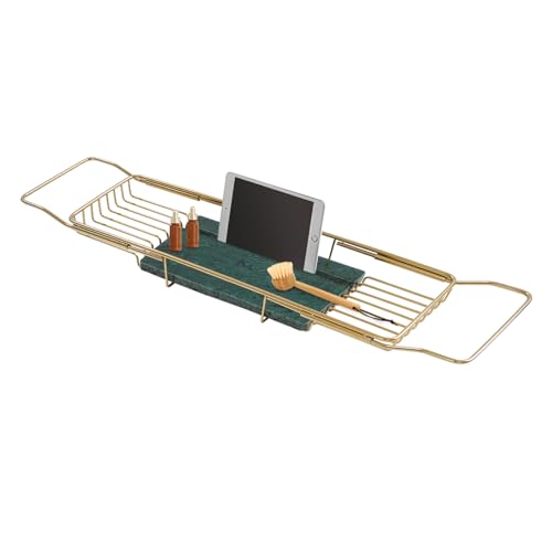 Expandable Stainless Steel Bathtub Caddy Tray, Adjustable Over Tub Rack Marble Board Anti-Slip Groove Raised Guardrail Modern Bath Organizer for Home Hotel Bathroom Use (Gold + Green) - color: Gold + Green