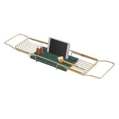 Expandable Stainless Steel Bathtub Caddy Tray, Adjustable Over Tub Rack Marble Board Anti-Slip Groove Raised Guardrail Modern Bath Organizer for Home Hotel Bathroom Use (Gold + Green) - color: Gold + Green