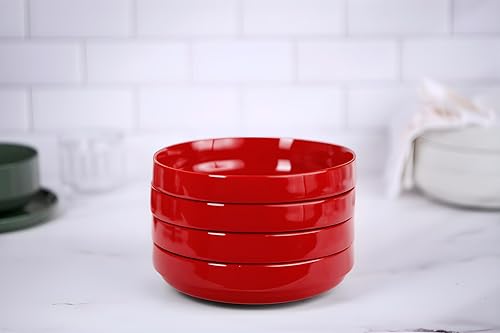 KooK Ceramic Large Pasta Bowls, Microwave and Dishwasher Safe, Great for Soups and Salads, Shallow Serving Bowls, Glossy Porcelain, 47 oz, Set of 4, Cherry Red - color: Cherry Red