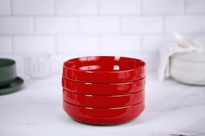 KooK Ceramic Large Pasta Bowls, Microwave and Dishwasher Safe, Great for Soups and Salads, Shallow Serving Bowls, Glossy Porcelain, 47 oz, Set of 4, Cherry Red - color: Cherry Red