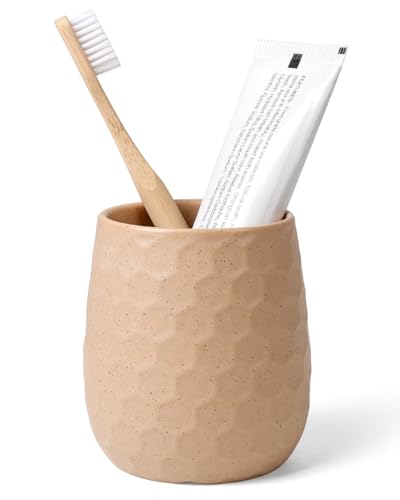 Toothbrush Holder, Tooth Brush Holder for Bathroom - Ceramic Toothbrush Cup Toothbrush Holders Countertop, Khaki Makeup Brush Holder Pen Holder, 3.62" x 3.62" x 3.93", ANTIS'S HOME - color: Khaki, size: Honeycomb