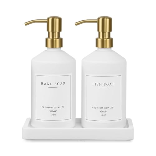 Gold Soap Dispenser Set, Glass Hand and Dish Soap Dispenser Set with Tray,Stainless Pump,14 Stickers for Kitchen,Bathroom Soap and Lotion Dispenser,Modern Counter Decor (White Bottle/Gold Pump) - color: White Bottle + Gold Pump
