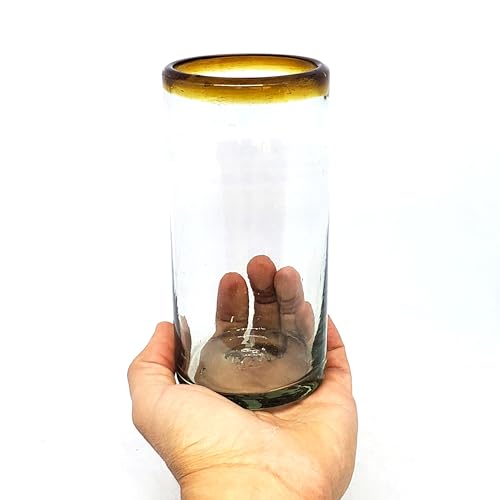 Amber Rim 20 oz Tall Iced Tea Glasses (set of 6) Mexican Handmade Glassware, Recycled Glass, Lead-free, Toxin-Free (Tall Iced Tea) - style: 20 oz Tall Iced Tea