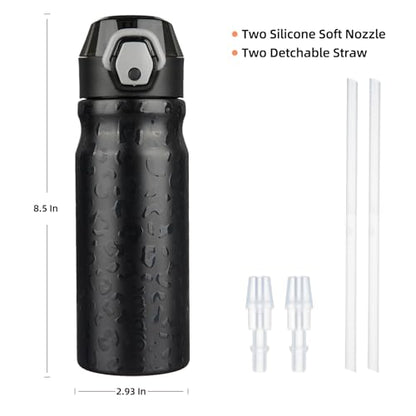 BJPKPK 18 oz Water Bottle with Straw & Handle, Insulated Stainless Flask | Leak Proof Locking Lid, Thermal, Double Wall Vacuum, Metal, Keeps Hot/Cold, BPA Free, Travel & Sports, Black Leopard - color: A-Black Leopard, size: 18 Ounces