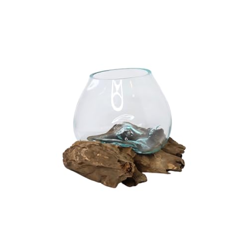 GamalFlow Medium Melted Glass Bowl On Wood Base, Perfect Terrarium or Planter, Brown, About 8" Wide