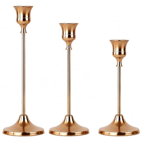 Set of 3 Candlestick Holders, Gold Taper Candle Stick Stand, Detachable | Scratch-proof felt base protects surfaces. Ideal for weddings, Christmas & everyday home decor. - color: Gold
