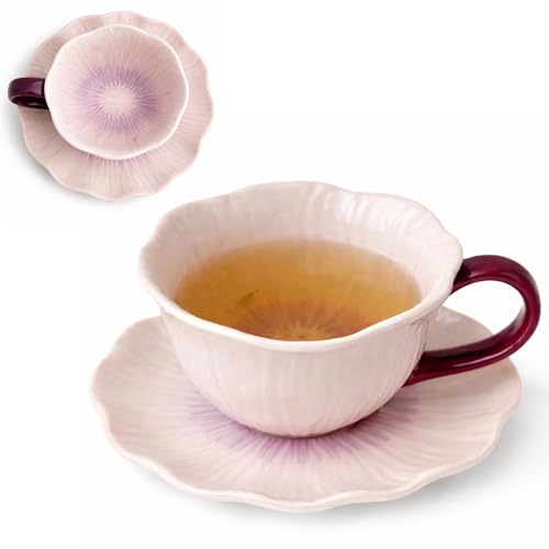 10 oz Tea Cups and Saucers, Hand-Painted Ceramic Flower-Shaped Coffee Cup | Saucer Set, Microwave & Dishwasher Safe, Elegant Floral Cup Set Gift for Women - color: Purple