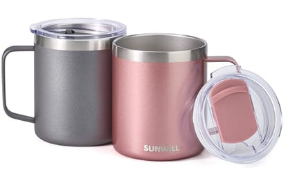 SUNWILL Travel Coffee Mug with Lid, Insulated Tumbler with Handle, 14 oz Stainless Steel Cup Set of 2 for Camping, Outdoor, Cool Grey & Rose Gold 2 Pack - color: Cool Grey & Rose Gold