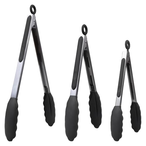 Kitchen Silicone Tongs for Cooking with Nonslip Silicone Tips, 600°F Heat Resistant Cooking Food Tong Set Heavy Duty Stainless Steel Handle for Baking Grilling Serving, 3 Pack (7" & 9" & 12") - color: Black, size: 3Pcs, 7+9+12 Inch