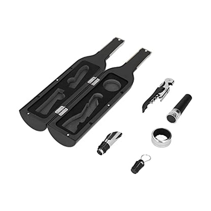 Black Wine Corkscrew Set, Wireless Bottle Opener Kit with Wine Stopper Pourer and Ring, Ergonomic Double - Hinge Cork Extractor in Bottle - Shaped Gift Box for Home Bar
