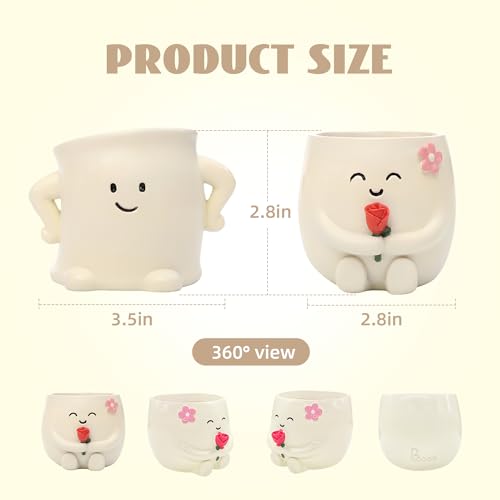 2 Pack Smiley Face Planter Pots with Drainage Hole, 3.5 Inch Cute Ceramic Succulent Pots, Funny Flower Planters for Indoor Outdoor Home Office Decor, Flower Vase Gift for Plant Lovers