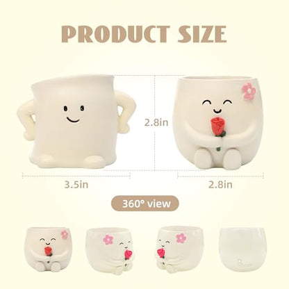 2 Pack Smiley Face Planter Pots with Drainage Hole, 3.5 Inch Cute Ceramic Succulent Pots, Funny Flower Planters for Indoor Outdoor Home Office Decor, Flower Vase Gift for Plant Lovers