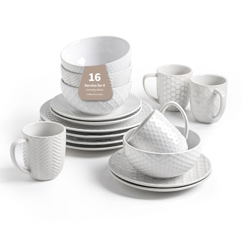 FOBENTA 16-Piece Ceramic Dinnerware Set with Mugs,Plates and Bowls Set for 4 with Coffee Mugs,Elegant Dish Set for Everyday Dining - size: Service for 4-16Pcs (with Mugs)