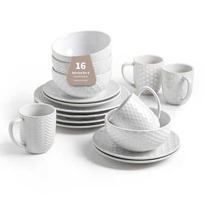 FOBENTA 16-Piece Ceramic Dinnerware Set with Mugs,Plates and Bowls Set for 4 with Coffee Mugs,Elegant Dish Set for Everyday Dining - size: Service for 4-16Pcs (with Mugs)