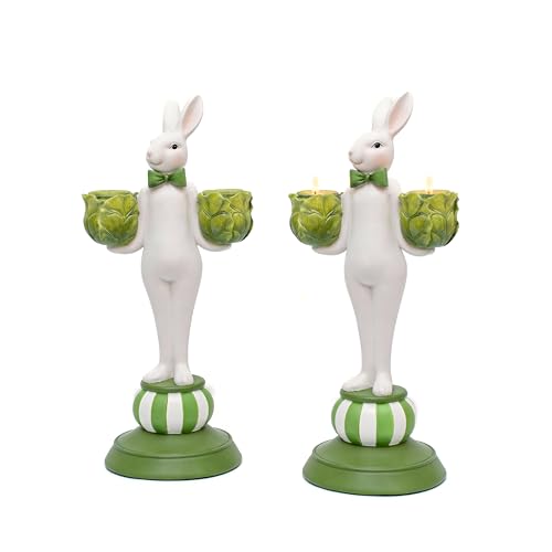 Bunny Taper Candle Holders Set of 2, Vintage Dining Table Decor | Easter Table Centerpiece, Holds 4 Wax or LED Tapers, Hand-Painted Finish, Mantel, Dining Table & Entryway Accent