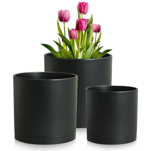 Meowell 8/7/6 inch Plant Pots, 3 Set Cylinder Flower Pots for Outdoor Indoor Plants, Decorative Plastic Planters with Drainage Holes and Saucers for Garden House Plants, Black - color: Black, size: 8"+7"+6"