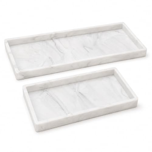 Vanity Tray for Bathroom Counter, Non-Slip Shatterproof Countertop Organizer Tray, Silicone Tray for Perfume, Jewelry, Keys, Cosmetics and Kitchen Storage, Marble-White 7.9 x 4 in and 11.9 x 5.1 in - color: Marble-white, size: S+M