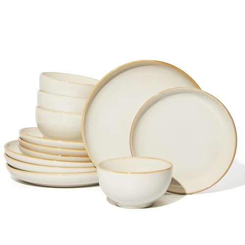 Stoneware Dinnerware Sets, Ceramic Plates and Bowls Set, Microwave & Dishwasher Safe Kitchen Dishes, Modern Dinner Salad Plates | Cereal Bowls, Dishware Sets Service for 4 Yellow White - color: Cream White, size: Set (12pcs)