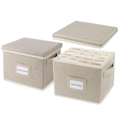 Greeting Card Organizer Box with 16 Dividers,Collapsible Greeting Card Storage Box with Handles Hold 150+ Cards,Greeting Card Holder for Greeting Cards,Sticker, Recipes, Photo, Envelope (Beige, 2 pcs) - color: Beige, size: 2 pcs