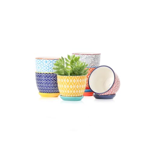Selamica Ceramic Succulent Pots, 3.5 Inch Small Plant Pots for Indoor Plants Cactus Herbs, Succulent Planters with Drainage Holes & Saucers, Home Decor, Set of 6, Assorted Colors - color: Assorted Colors, size: 3.5 Inch, Set of 6