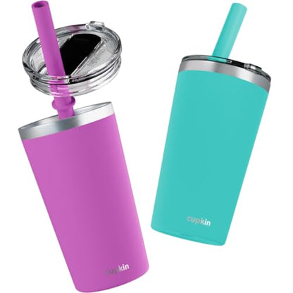 CUPKIN Toddler Tumblers, The Original 12 oz Stackable Stainless Steel Cups, Set of 2 Powder Coated Insulated Kids Water Bottle Alternative + BPA Free Lids + Reusable Silicone Straws (Green + Pink) - color: Green + Pink, size: 12 Fl Oz (Pack of 2)