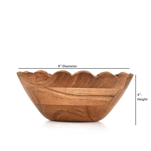 Decorative Bowl Acacia Wood Ruffle Design | Wooden Home Décor Accents for Farmhouse Style Wood Table Centerpiece (9" x 9" x 4")