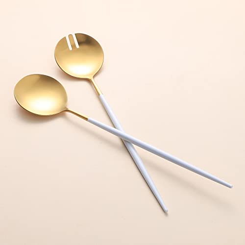 Salad Servers,Spoon and Fork Set 11.41 inch,18/10 Stainless Steel Salad Serving Titanium Plating (White gold) - color: White/Gold
