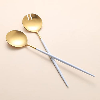 Salad Servers,Spoon and Fork Set 11.41 inch,18/10 Stainless Steel Salad Serving Titanium Plating (White gold) - color: White/Gold