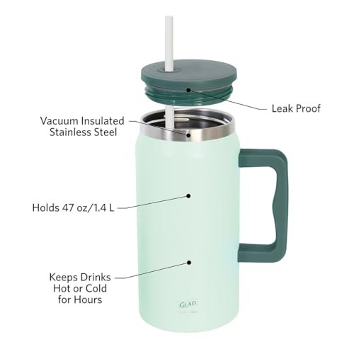 Glad Pioneer Stainless Steel Tumbler with Lid and Straw - Double Walled Insulated Cup with Handle - Leak Resistant & Drinks Stay Cold All Day, 47oz, Green - color: Green, size: 47 Ounces