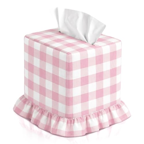 Pink Gingham Tissue Box with Ruffled Cover Cottagecore Handmade Decorative Gingham Napkin Holder for Home Bedroom Living Room Bathroom Vanity Countertop Car Office Kitchen - color: Pink