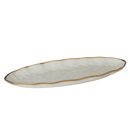 Regency Gold 19.5-Inch Porcelain Oval Fish Platter with Scalloped Edges & Metallic Gold Rim, Elegant Serving Platter for Fish, Appetizers & Side Dishes, Ideal for Entertaining, Everyday