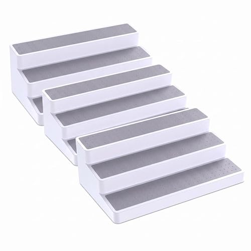 YAN & HIN 3 Tier Spice Rack Organizer for Cabinet, 3 Pack Non-Slip Spice Rack Shelf Organizer, Holds 24+ Jars, Plastic Spice Organizer for Cabinet, Pantry & Kitchen Countertop, White