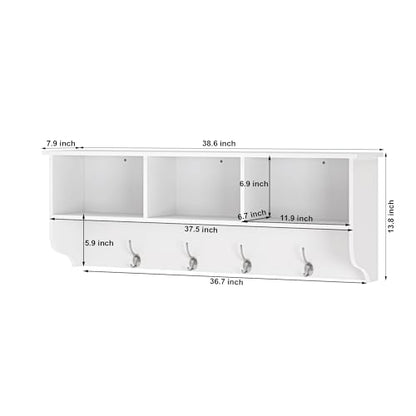 Wall Mounted Coat Rack Shelf,4 Dual Hooks,3 Cubbies,White | 4 dual nickel finish hooks.3 built-in cubbies plus shelf.Holds 55 lbs,MDF,smooth laminate finish.Easy clean,hardware included - color: White