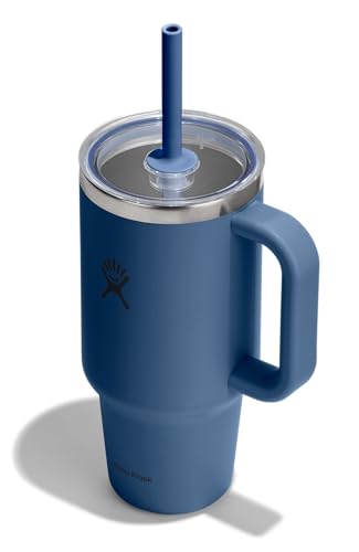 Hydro Flask Travel Tumbler with Handle, Clear Lid and Straw - Insulated Stainless Steel - color: HARBOR BLUE, size: 32 Ounces