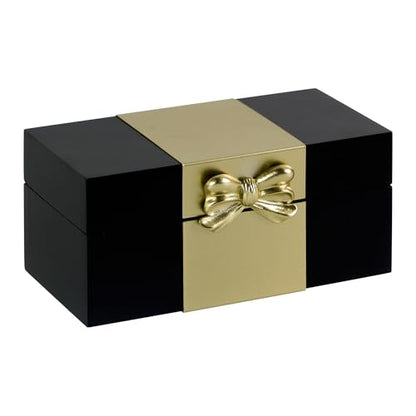 Wooden Keepsake Box - Black & Gold Boxes with Bow Accent, Decorative Storage Gift Box for Jewelry Love Letters Photos, 6.93" W