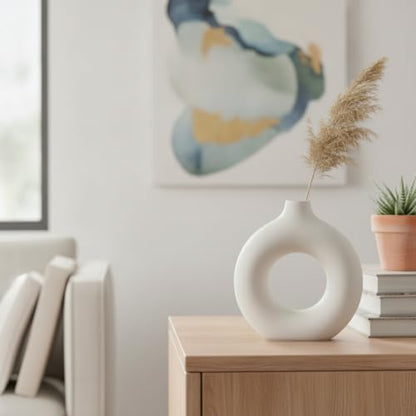 Ceramic Donut Vase, White Sculptural Ring Centerpiece for Shelf Mantel Desk Display (1 PC) - size: 7.28 x 2.17 x 7.48 in