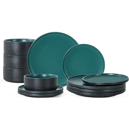 12 Piece Ceramic Plates and Bowls Sets for 4, Modern Green | Stoneware Dinnerware Set, Dishwasher & Microwave Safe, Handcrafted, Perfect for Family and Gatherings - color: Green, size: Service for 4(12PCS)