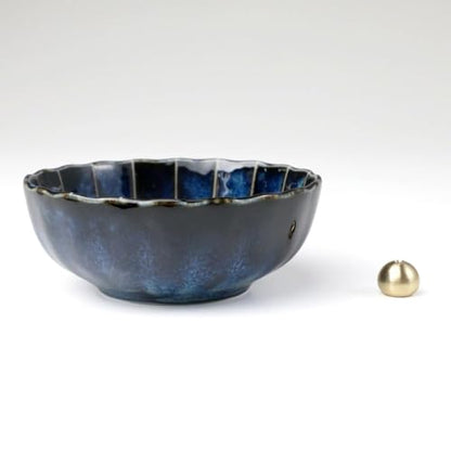 Asayu Japan Lotus Incense Holder for Sticks 4.1 inch (105 mm), Traditional Made in Japan Ceramic Ash Catcher and Brass Incense Burner Set - Navy Dark Blue Lotus