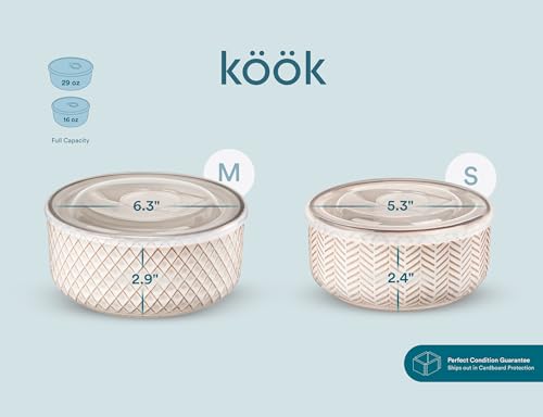 KooK Serving Bowls, with Lids, Ceramic Nesting Bowls, Set of 4, Embossed, Kitchen, Prep, Stackable, Gift, Microwave and Dishwasher Safe, 16/29/47/70 oz, Narbonne Collection (Ivory) - size: 70 Oz