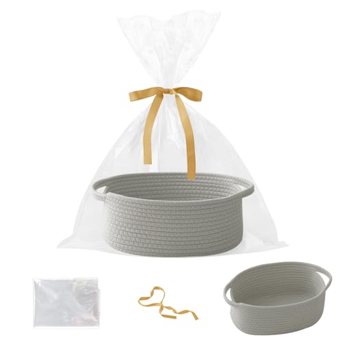 Woven Rope Basket - Baby Gift Basket with Bag & Ribbon, Grey | Cotton rope with handle, 12 x 8 x 5 in, gift bag and ribbon, for baby shower, birthday, toy storage, nursery, shelf decor - color: Grey