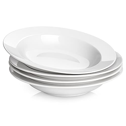 Y YHY Soup Bowls, Pasta Bowls Set of 4, White Salad Bowls and Plates, 20 Ounces Porcelain Wide Rim Bowls, Microwave and Dishwasher Safe, Christmas Gift | Porcelain, 1.75-Inch Deep, Stackable, Microwave, Oven and Dishwasher Safe, for Pasta, Soup, Salad, St