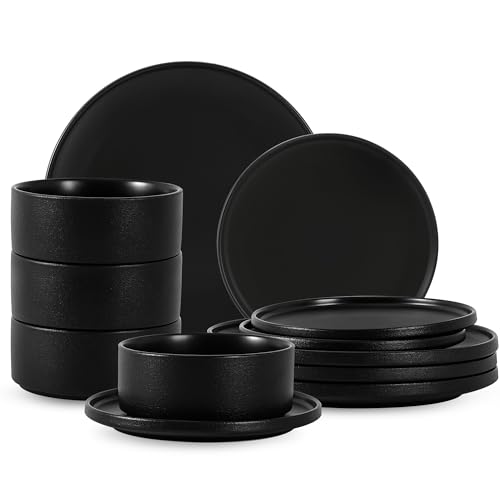 Dinnerware Sets, 12-Piece Plates and Bowls Set for 4, Matte Black | Modern Minimalist Stoneware, Dish Set for 4, Dinner Plate, Salad Plate, Cereal Bowl, Microwave and Dishwasher Safe - color: Black, size: Service for 4 (12PCS)