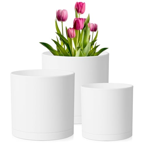 Meowell 12/10/8 inch Large Plant Pots, 3 Pack Deep Cylinder Flower Pots for Outdoor Indoor Plants, Tall Plastic Planters with Drainage Holes and Saucers for Garden House Plants, White - color: White, size: 12"+10"+8"