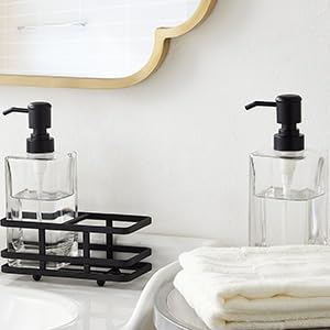 Square Glass Clear Lotion and Soap Pump Dispenser Set with Metal Stand Caddy for Bathroom Bath Kitchen Home Office Travel Hotel Hand Crafted Heavy Weight Matte Black - color: Black
